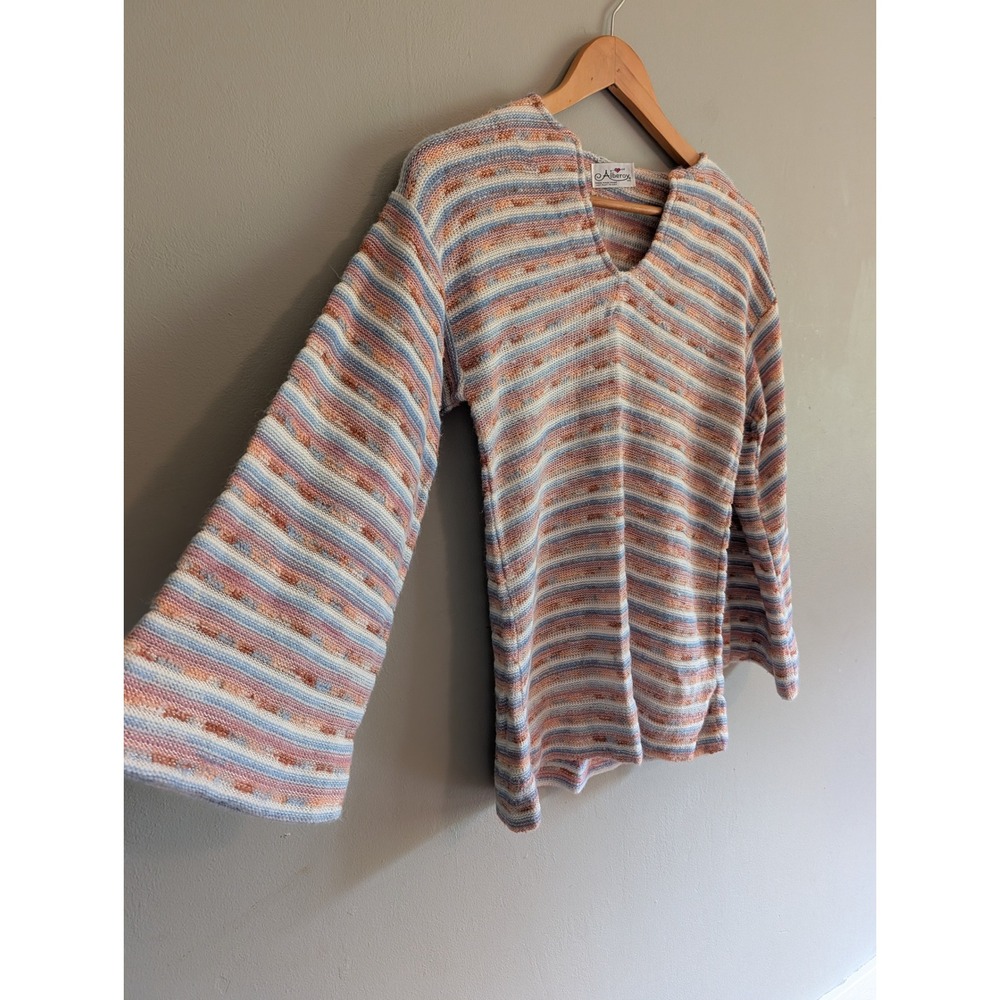 Vintage 1970s Alberoy Striped Knit V-Neck Bell Sleeve Sweater Pastel Boho